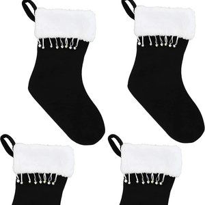 Iconikal 17-Inch Plush Fabric Black Christmas Stockings x 4, NWT
